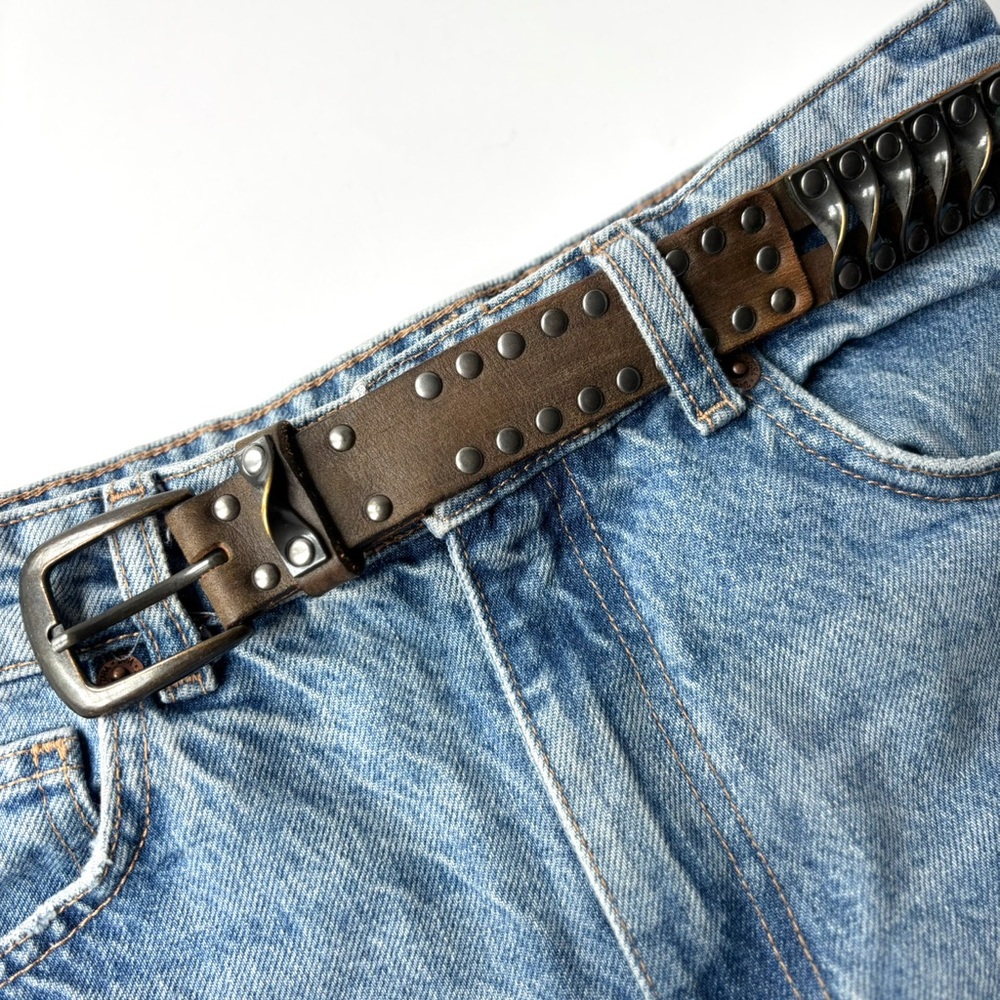 Vintage Brown Leather Heavy Metal Hardware Studded Grunge Biker Streetwear Belt‎